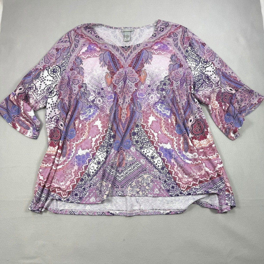 Catherines 3X Plus Size Purple Pink Paisley Blouse Top Boho Bell Sleeve Blouse